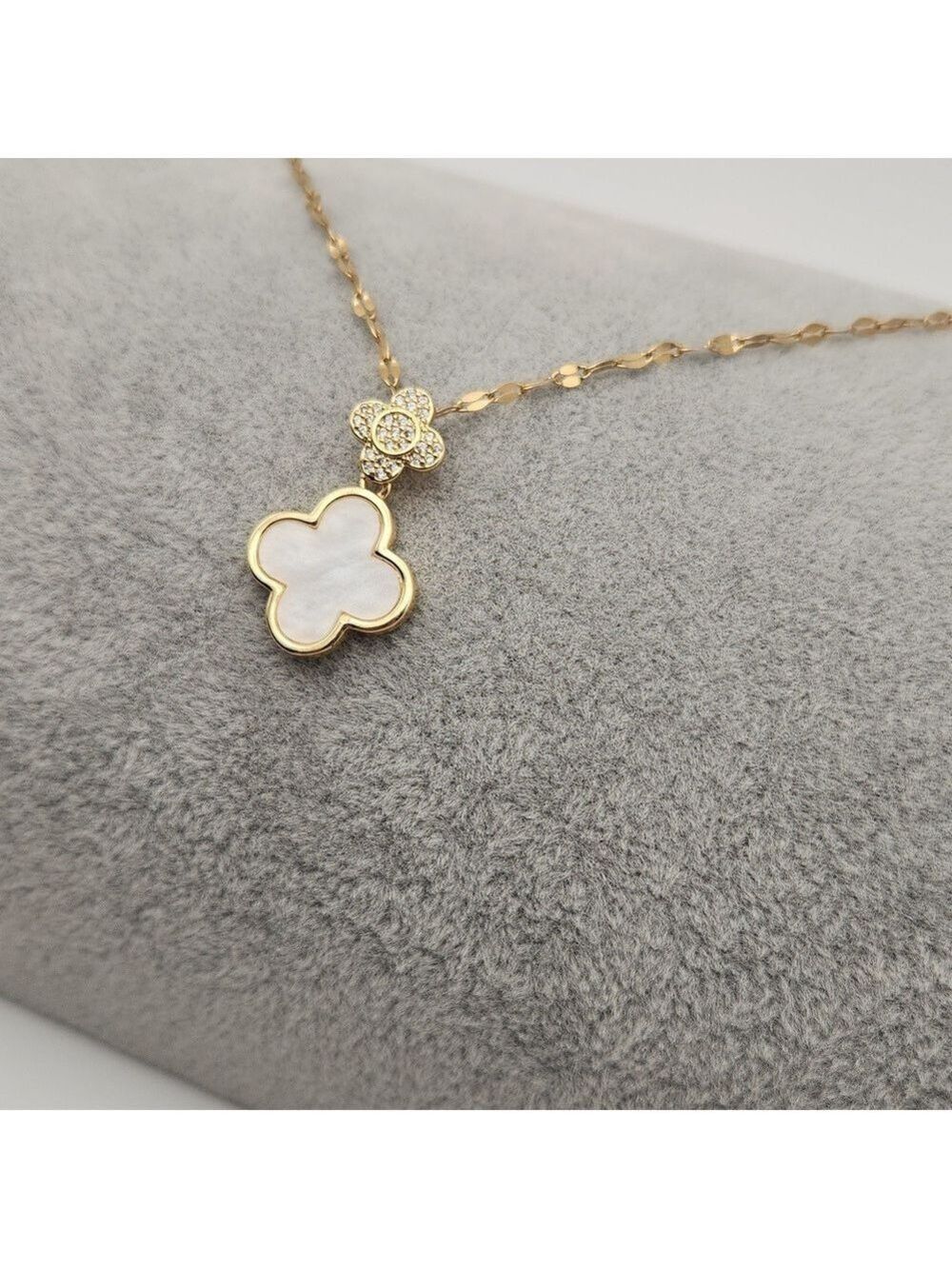 18K Gold Plated Stainless Steel Double  Clover Pendant Necklace, Pearl White